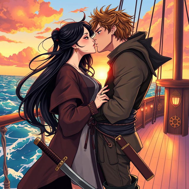 An illustration in manhwa style featuring a couple in a romantic kiss