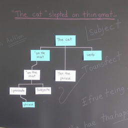 A detailed tree diagram illustrating the grammatical structure of the sentence 'The cat slept on the mat