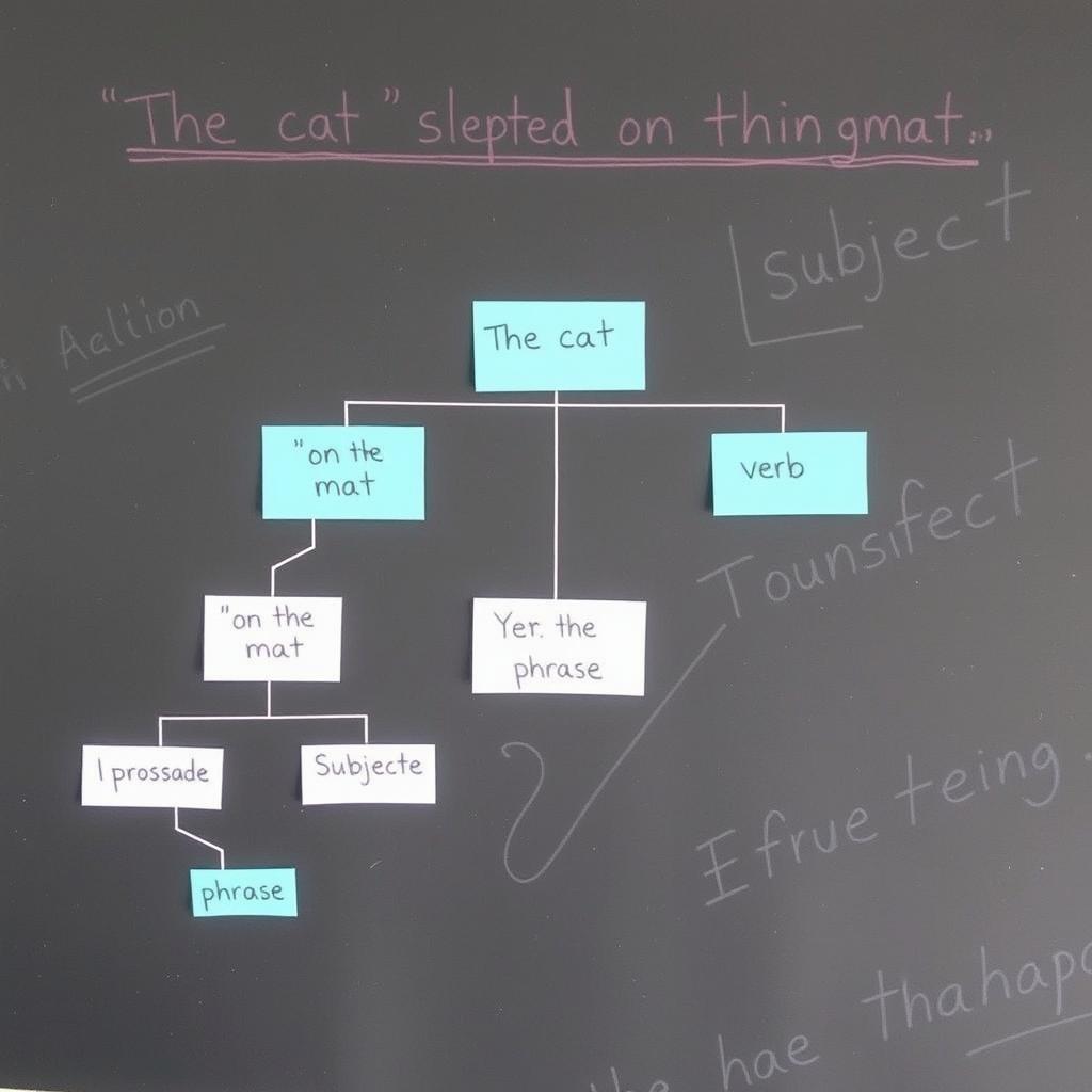 A detailed tree diagram illustrating the grammatical structure of the sentence 'The cat slept on the mat