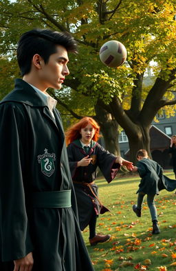 An imposing Slytherin student with slicked back dark hair and a confident stance, wearing a traditional Slytherin robe adorned with their house emblem