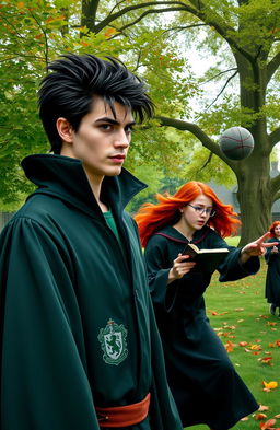 An imposing Slytherin student with slicked back dark hair and a confident stance, wearing a traditional Slytherin robe adorned with their house emblem