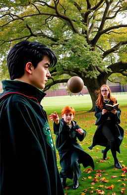 An imposing Slytherin student with slicked back dark hair and a confident stance, wearing a traditional Slytherin robe adorned with their house emblem