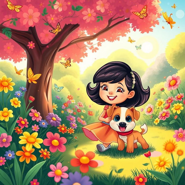 A whimsical, animated scene of a playful girl in a colorful park setting, surrounded by vibrant flowers and cheerful butterflies