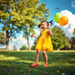A vibrant, playful scene in a grassy park with a cheerful young girl enjoying her time, wearing a bright yellow dress and red sandals, laughing joyfully while playing with colorful balloons