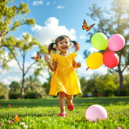 A vibrant, playful scene in a grassy park with a cheerful young girl enjoying her time, wearing a bright yellow dress and red sandals, laughing joyfully while playing with colorful balloons