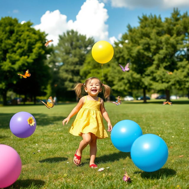 A vibrant, playful scene in a grassy park with a cheerful young girl enjoying her time, wearing a bright yellow dress and red sandals, laughing joyfully while playing with colorful balloons