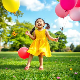 A vibrant, playful scene in a grassy park with a cheerful young girl enjoying her time, wearing a bright yellow dress and red sandals, laughing joyfully while playing with colorful balloons