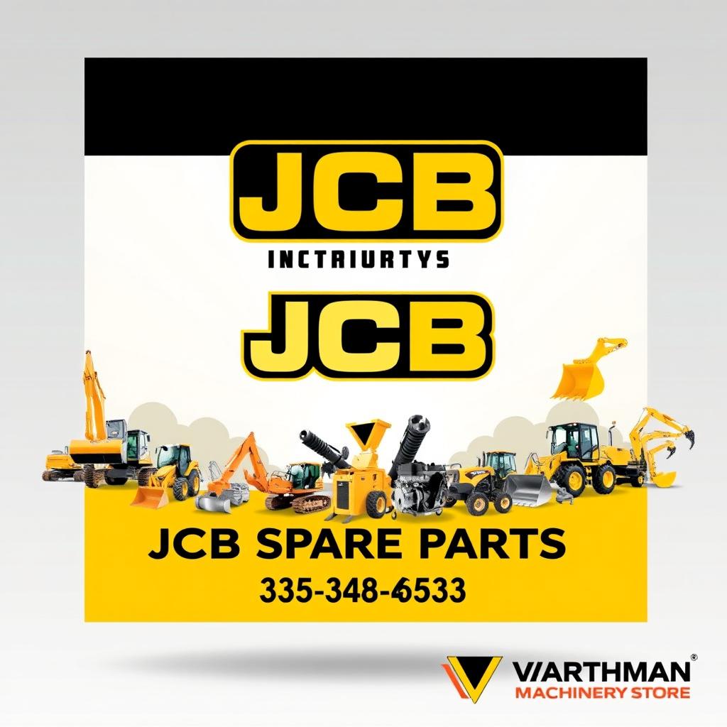 A vibrant and eye-catching banner design for Vardhman Machinery Store showcasing JCB spare parts
