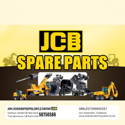 A vibrant and eye-catching banner design for Vardhman Machinery Store showcasing JCB spare parts