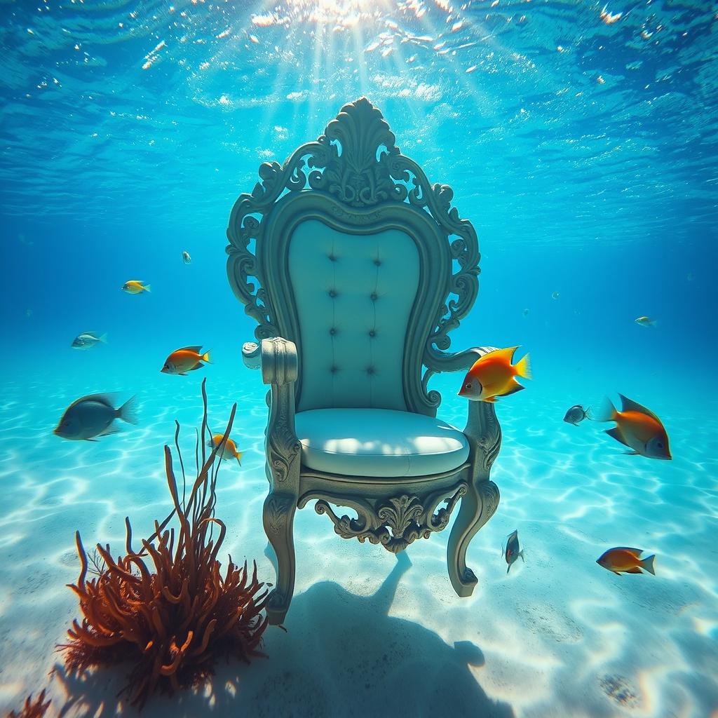 A vivid underwater scene featuring a beautifully designed chair, submerged in crystal-clear ocean water