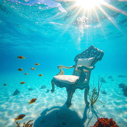 A vivid underwater scene featuring a beautifully designed chair, submerged in crystal-clear ocean water