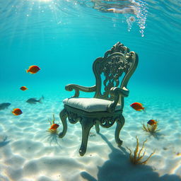 A vivid underwater scene featuring a beautifully designed chair, submerged in crystal-clear ocean water