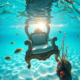 A vivid underwater scene featuring a beautifully designed chair, submerged in crystal-clear ocean water