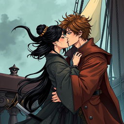 An illustration in manhwa style depicting a romantic scene of a couple kissing
