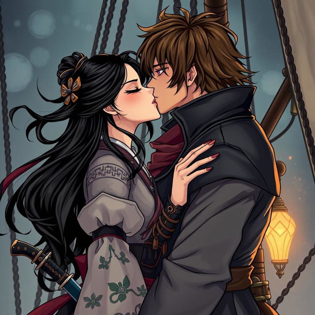 An illustration in manhwa style depicting a romantic scene of a couple kissing