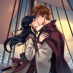 An illustration in manhwa style depicting a romantic scene of a couple kissing