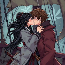 An illustration in manhwa style depicting a romantic scene of a couple kissing