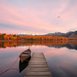 A serene autumn landscape featuring a tranquil lake reflecting vibrant fall foliage in shades of orange, red, and yellow