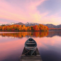 A serene autumn landscape featuring a tranquil lake reflecting vibrant fall foliage in shades of orange, red, and yellow