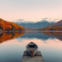 A serene autumn landscape featuring a tranquil lake reflecting vibrant fall foliage in shades of orange, red, and yellow