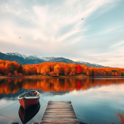 A serene autumn landscape featuring a tranquil lake reflecting vibrant fall foliage in shades of orange, red, and yellow