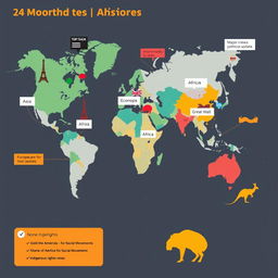 A world map showcasing major news highlights from various regions like Europe, Asia, Africa, the Americas, and Australia