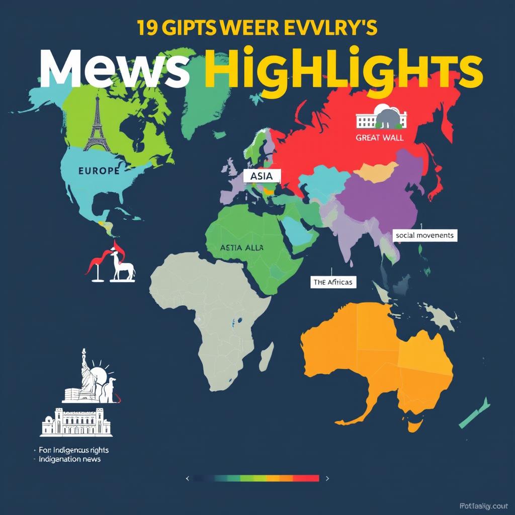 A world map showcasing major news highlights from various regions like Europe, Asia, Africa, the Americas, and Australia
