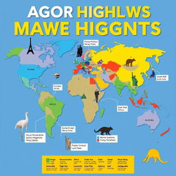 A world map showcasing major news highlights from various regions like Europe, Asia, Africa, the Americas, and Australia