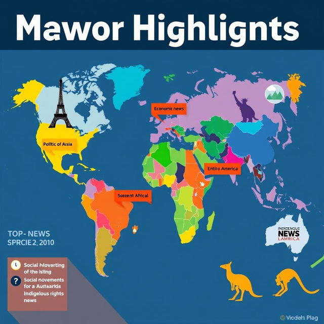 A world map showcasing major news highlights from various regions like Europe, Asia, Africa, the Americas, and Australia