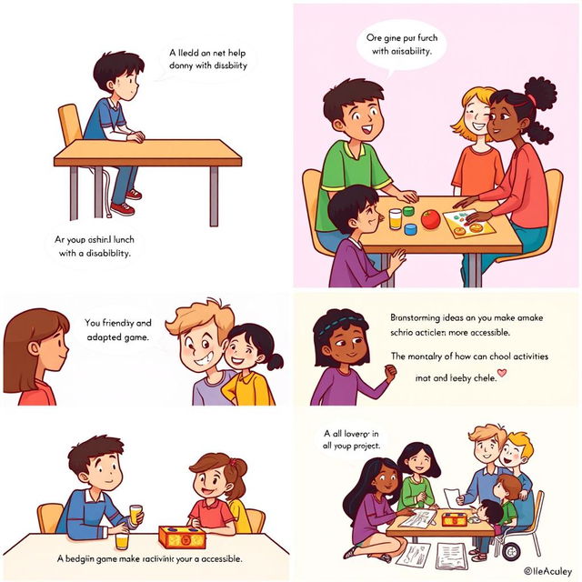 A heartwarming comic illustrated in a vibrant, colorful style showcasing a group of diverse students coming together to help a classmate with a disability