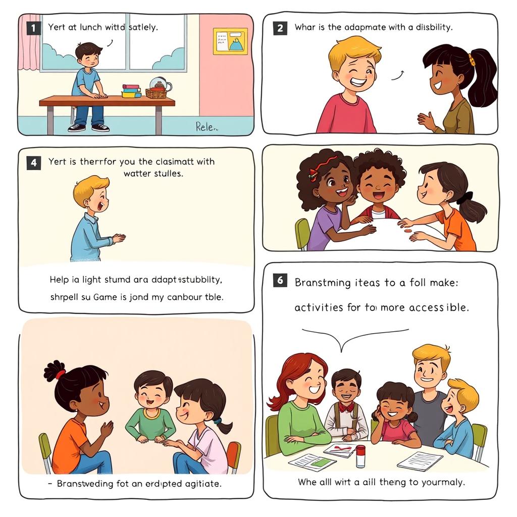 A heartwarming comic illustrated in a vibrant, colorful style showcasing a group of diverse students coming together to help a classmate with a disability