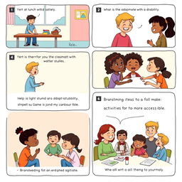 A heartwarming comic illustrated in a vibrant, colorful style showcasing a group of diverse students coming together to help a classmate with a disability