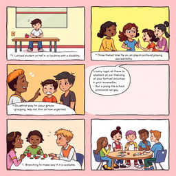 A heartwarming comic illustrated in a vibrant, colorful style showcasing a group of diverse students coming together to help a classmate with a disability