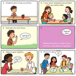 A heartwarming comic illustrated in a vibrant, colorful style showcasing a group of diverse students coming together to help a classmate with a disability