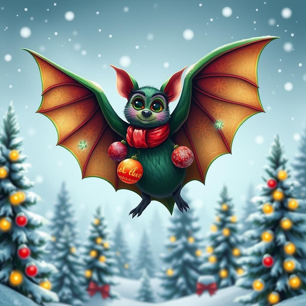 A festive Christmas-themed bat, adorned with colorful ornaments and tiny lights