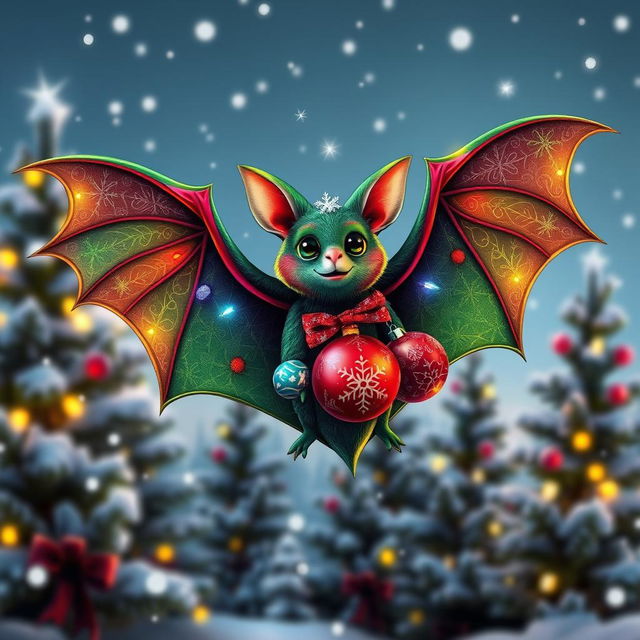 A festive Christmas-themed bat, adorned with colorful ornaments and tiny lights