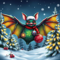 A festive Christmas-themed bat, adorned with colorful ornaments and tiny lights