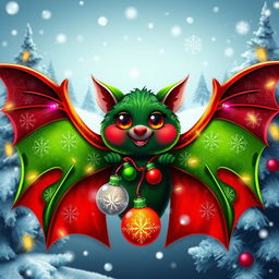 A festive Christmas-themed bat, adorned with colorful ornaments and tiny lights
