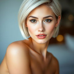 A stunning young woman with smooth white skin and captivating black eyes, featuring soft, short hair styled with a side part that gently frames her face