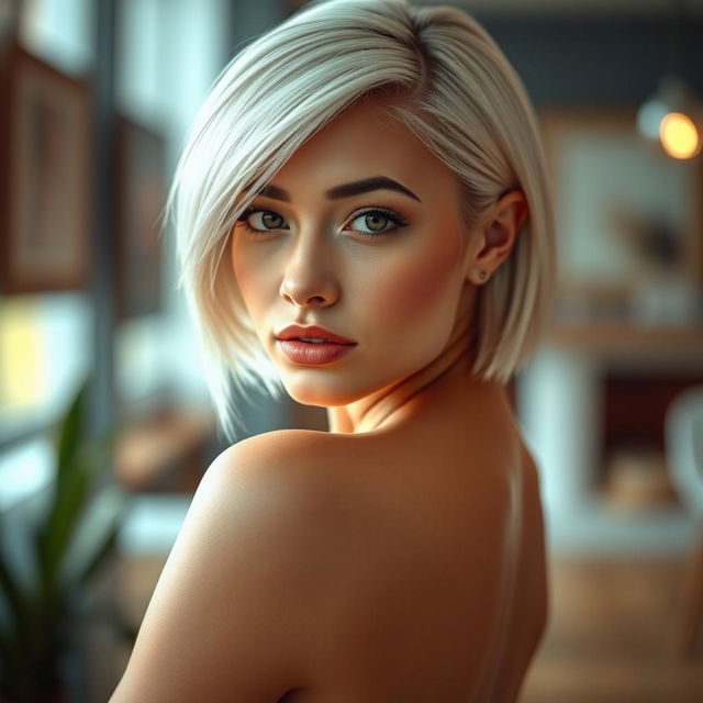 A stunning young woman with smooth white skin and captivating black eyes, featuring soft, short hair styled with a side part that gently frames her face