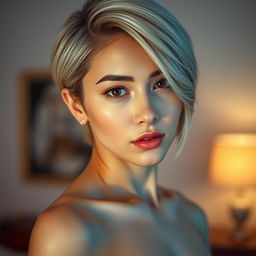 A stunning young woman with smooth white skin and captivating black eyes, featuring soft, short hair styled with a side part that gently frames her face