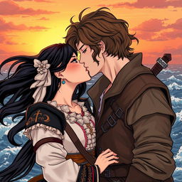 An illustration in manhwa style depicting a romantic scene of a couple kissing