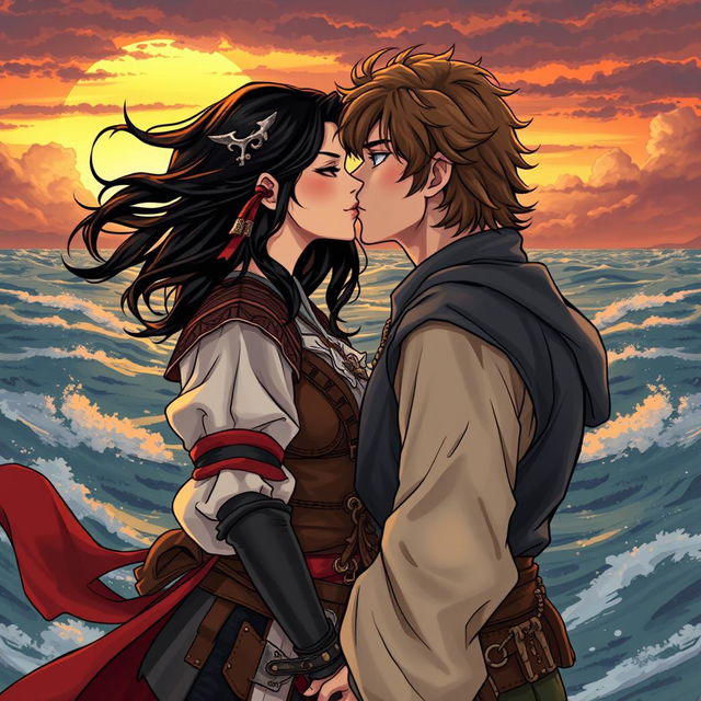 An illustration in manhwa style depicting a romantic scene of a couple kissing