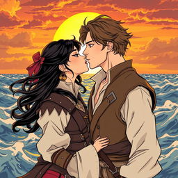An illustration in manhwa style depicting a romantic scene of a couple kissing