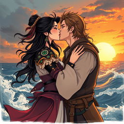An illustration in manhwa style depicting a romantic scene of a couple kissing