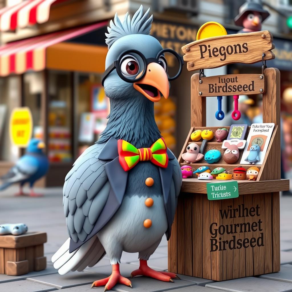 A whimsical 3D cartoon-style pigeon character depicted as a charming salesman