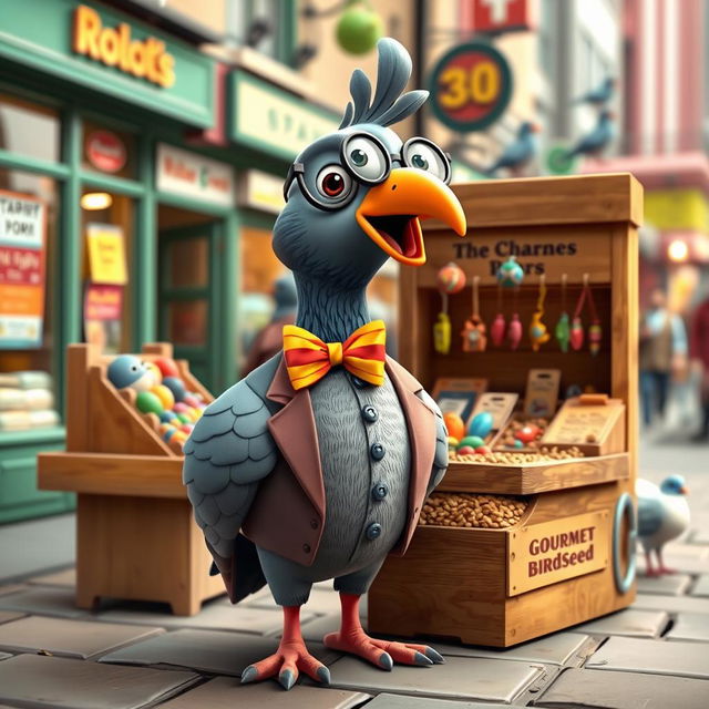 A whimsical 3D cartoon-style pigeon character depicted as a charming salesman