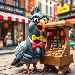 A whimsical 3D cartoon-style pigeon character depicted as a charming salesman