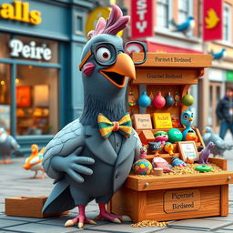 A whimsical 3D cartoon-style pigeon character depicted as a charming salesman