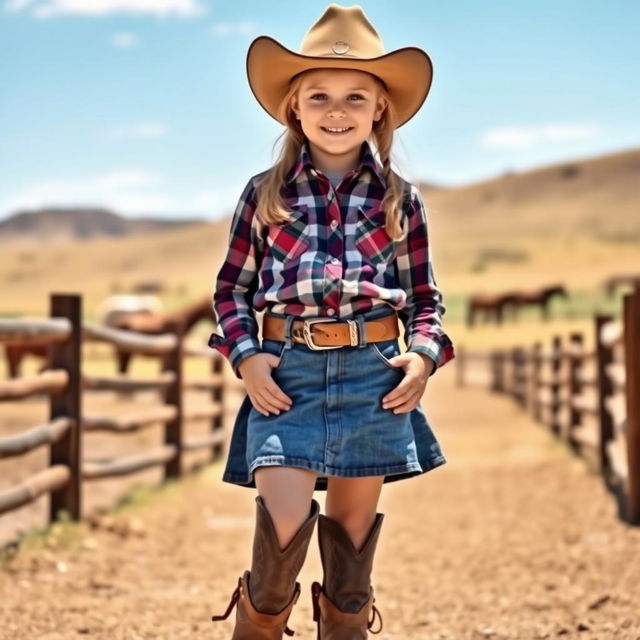 A young girl wearing stylish western wear, including a denim skirt and a plaid shirt tucked in with a belt